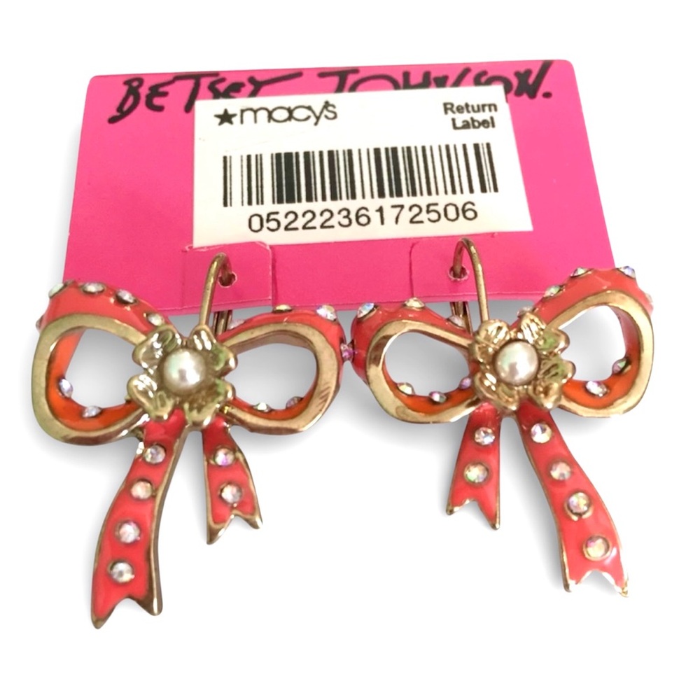Vintage Betsey Johnson Farmhouse Collection Orange Coral Bow Leverback Earrings